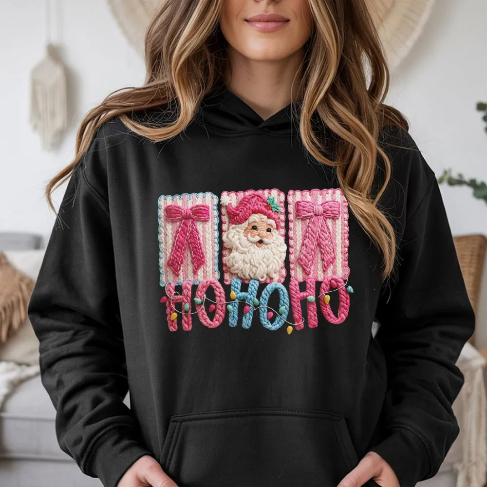 Faux Yarn Christmas Hoodie, Santa Claus Ho Ho Ho Hoodie, Retro Santa Sweatshirt, Holiday Santa Claus Pullover, Winter Xmas Pr