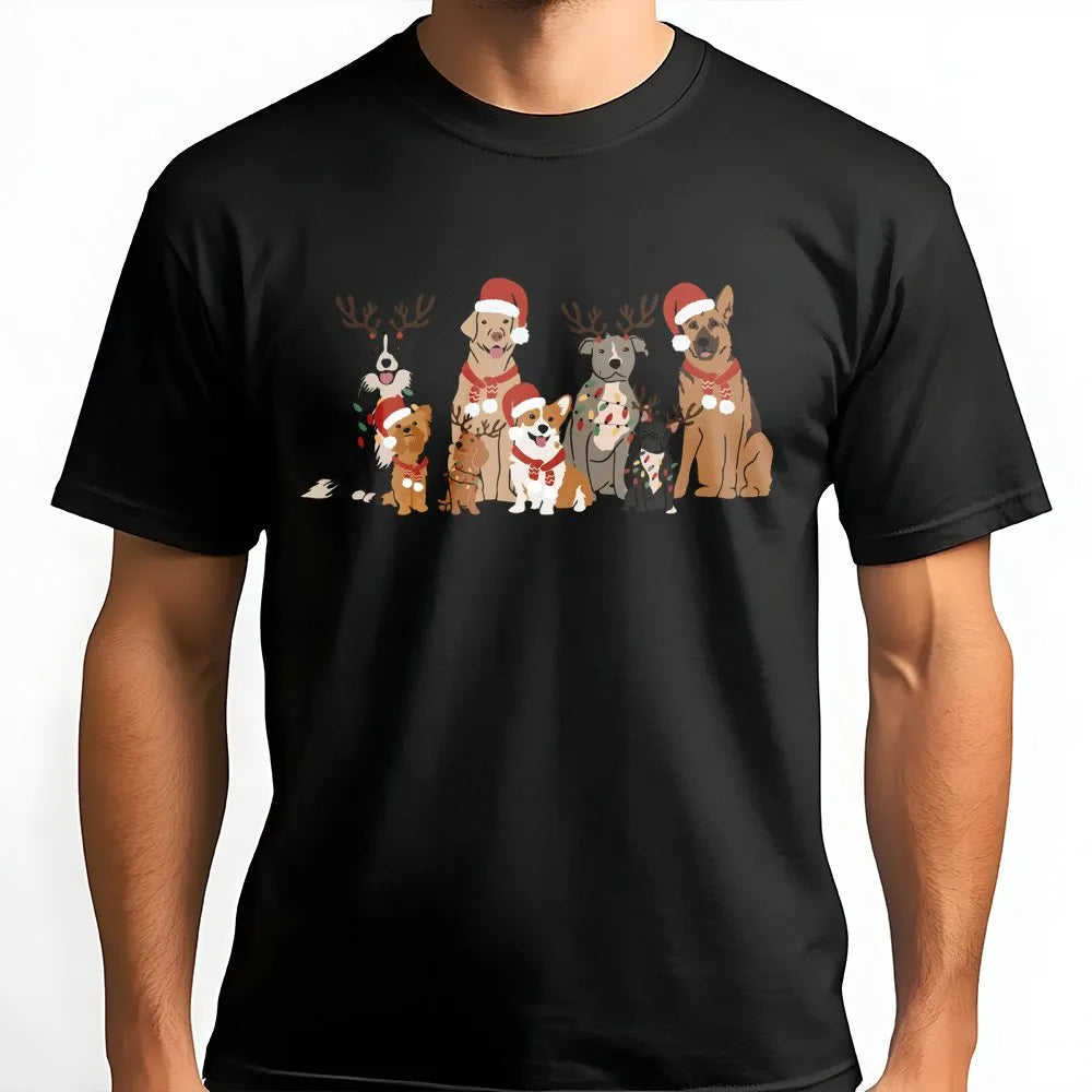 Santa Hat Puppies Holiday Shirt, Christmas Dogs T-Shirt, Adorable Holiday Dog Graphic Tee, Humorous Xmas Puppy Shirt, Dog Lov