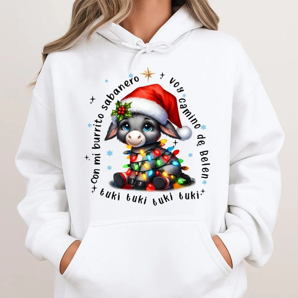 Adorable Donkey Christmas Lights Sweatshirt, Mi Burrito Sabanero Hoodie, Spanish Villancico Holiday Pullover, Festive Latino 