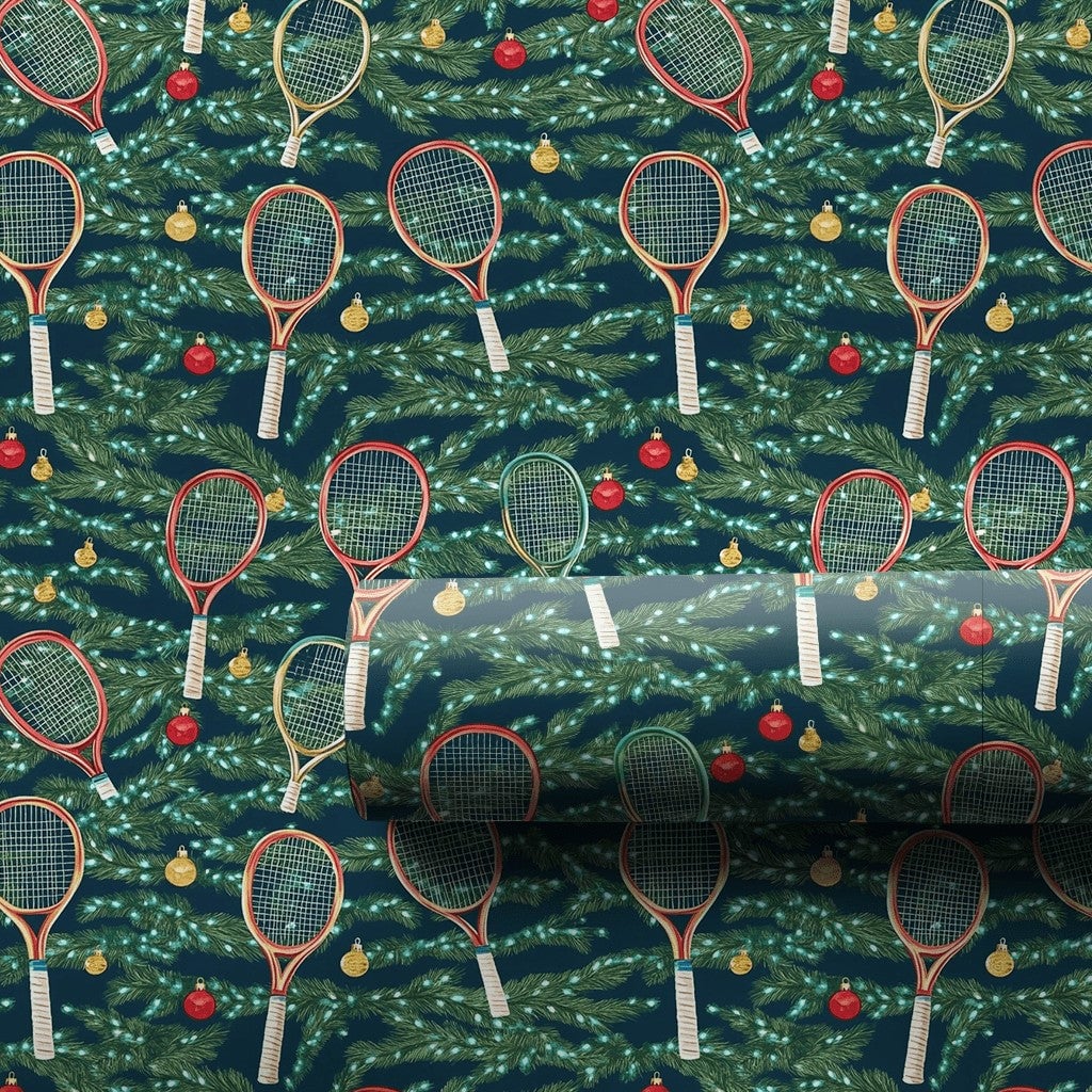 Racket and Ornament Gift Wrap, Tennis Christmas Wrapping Paper, Festive Sports Holiday Wrapping Paper, Tennis Player Xmas Gif