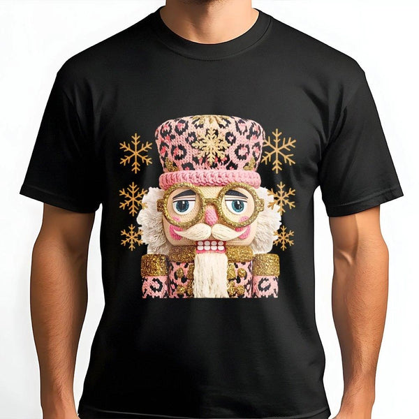 Preppy Crochet Holiday T-Shirt, Pink Leopard Nutcracker Christmas Shirt, Retro Nutcracker Tee, Adorable Holiday Graphic Shirt