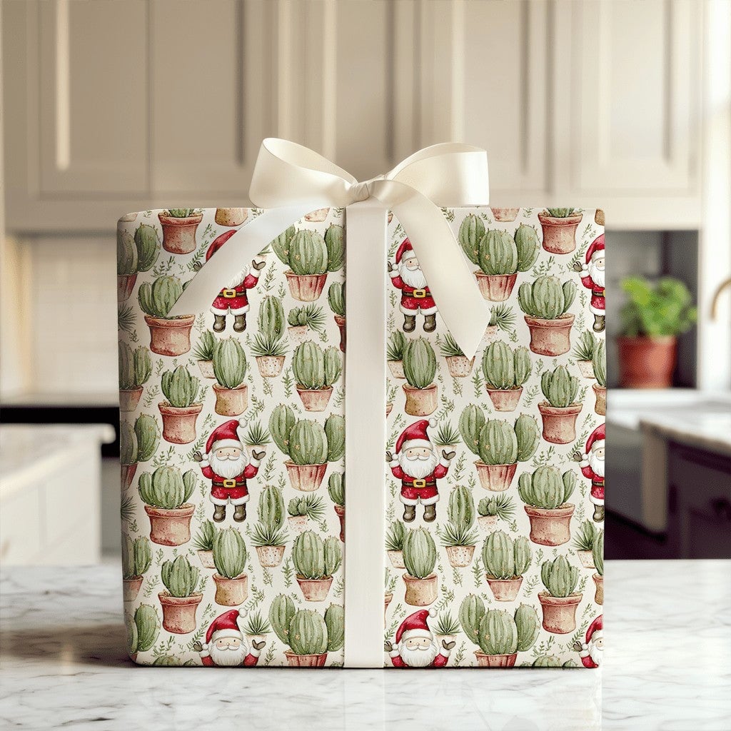Desert Holiday Gift Wrap, Santa Cactus Christmas Wrapping Paper, Watercolor Succulent Present Paper, Festive Christmas Presen