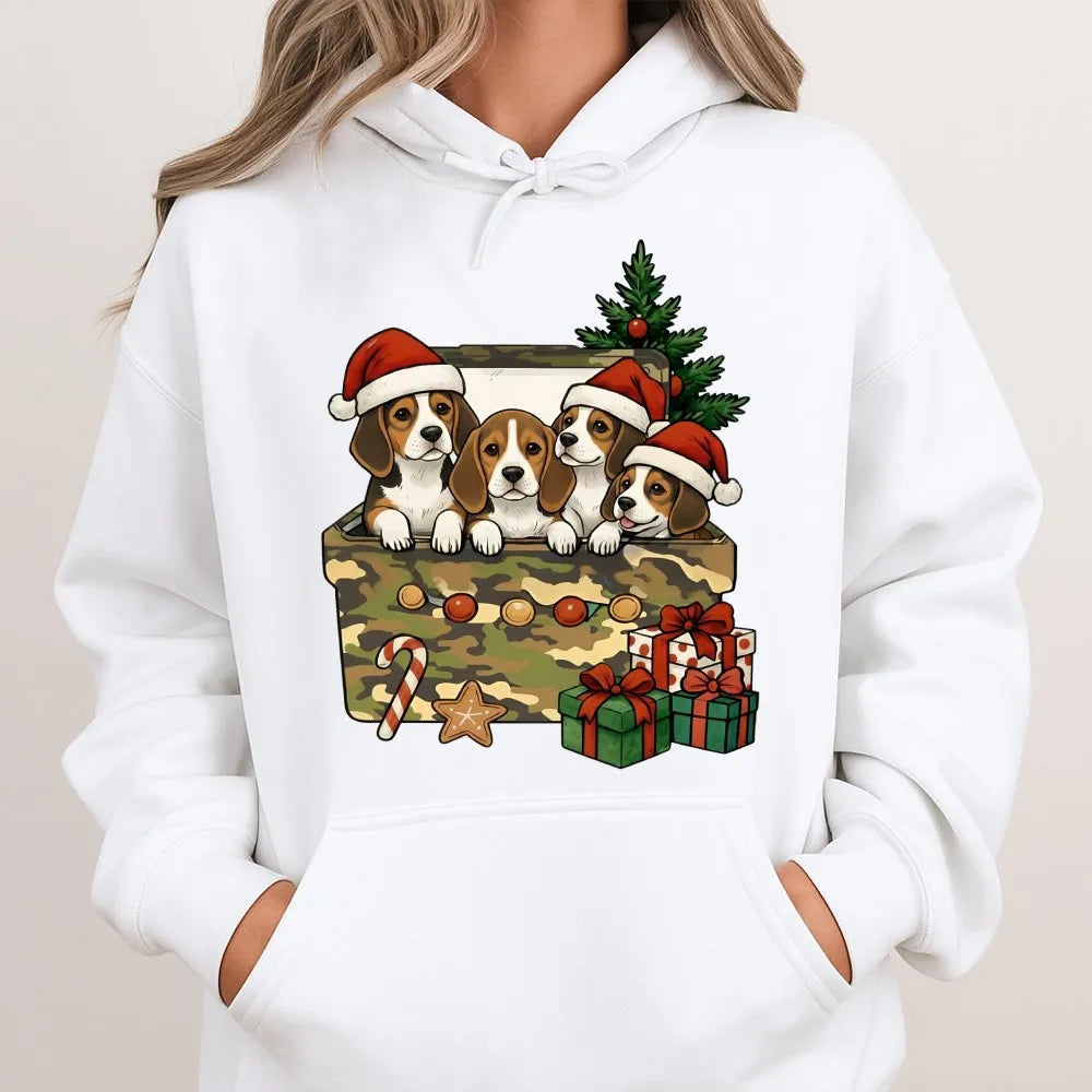 Puppies in Gift Box Hoodie, Beagle Christmas Hoodie, Adorable Beagle Dog Sweatshirt, Christmas Pet Lover Hoodie, Winter Dog H