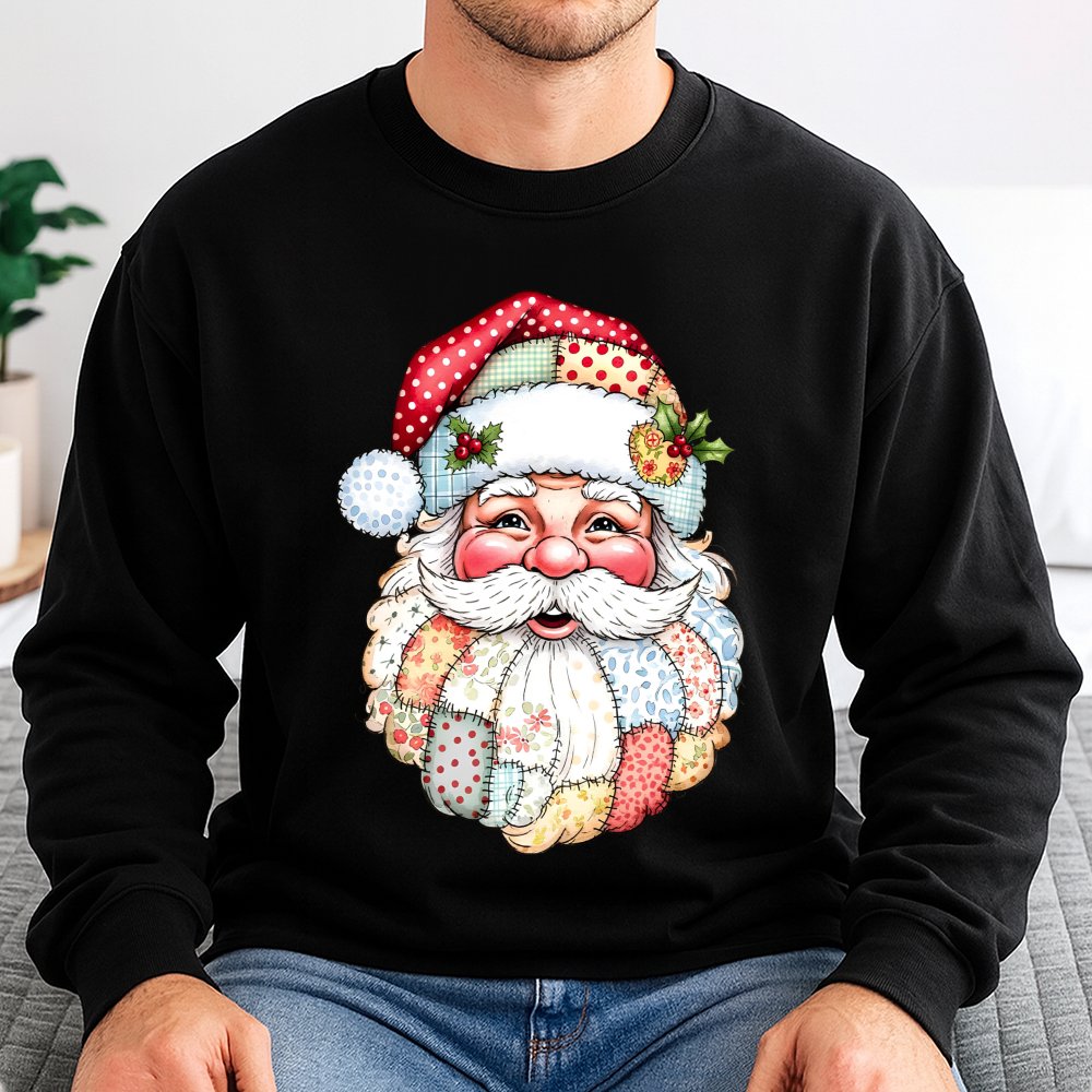 Vintage Quilt Style Santa Sweatshirt, Patchwork Santa Sweatshirt, Retro Holiday Crewneck Sweatshirt, Comfy Christmas Pullover