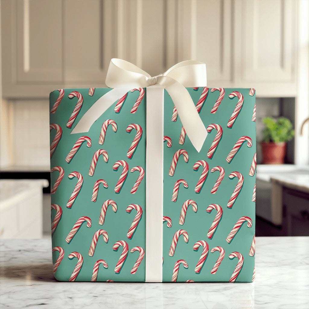 Festive Candy Cane Gift Wrap, Candy Cane Christmas Wrapping Paper, Red and White Candy Cane Present Paper, Teal Holiday Wrapp