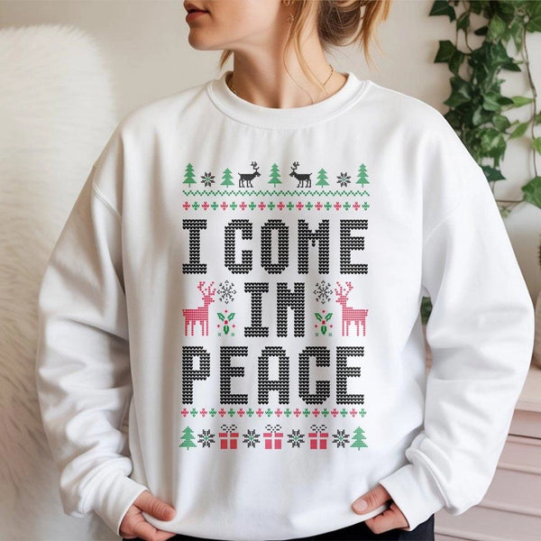 Humorous Ugly Holiday Sweater, I Come in Peace Christmas Sweatshirt, Alien Christmas Crewneck, Retro Xmas Pullover, Matching 