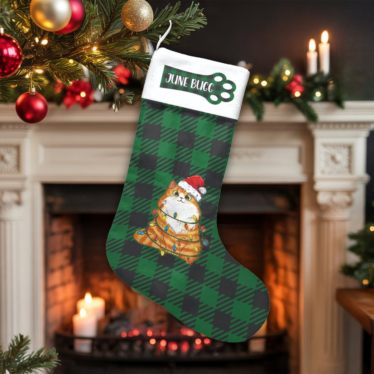 Green Buffalo Plaid Santa Cat Stocking, Personalized Cat Christmas Stocking, Custom Name Pet Holiday Stocking, Cat Lover Xmas