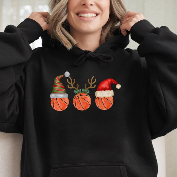 Santa Hat Reindeer Antlers Sweatshirt, Basketball Christmas Hoodie, Humorous Basketball Holiday Pullover, Xmas Sports Fan Hoo