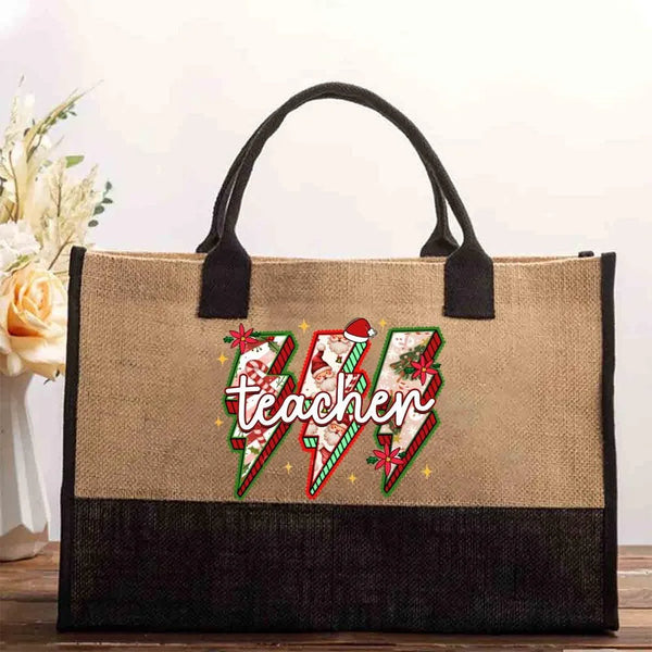 Festive Holiday Teacher Bag, Teacher Christmas Cotton Tote Bag, School Winter Canvas Shopper Bag, Adorable Educator Present, 