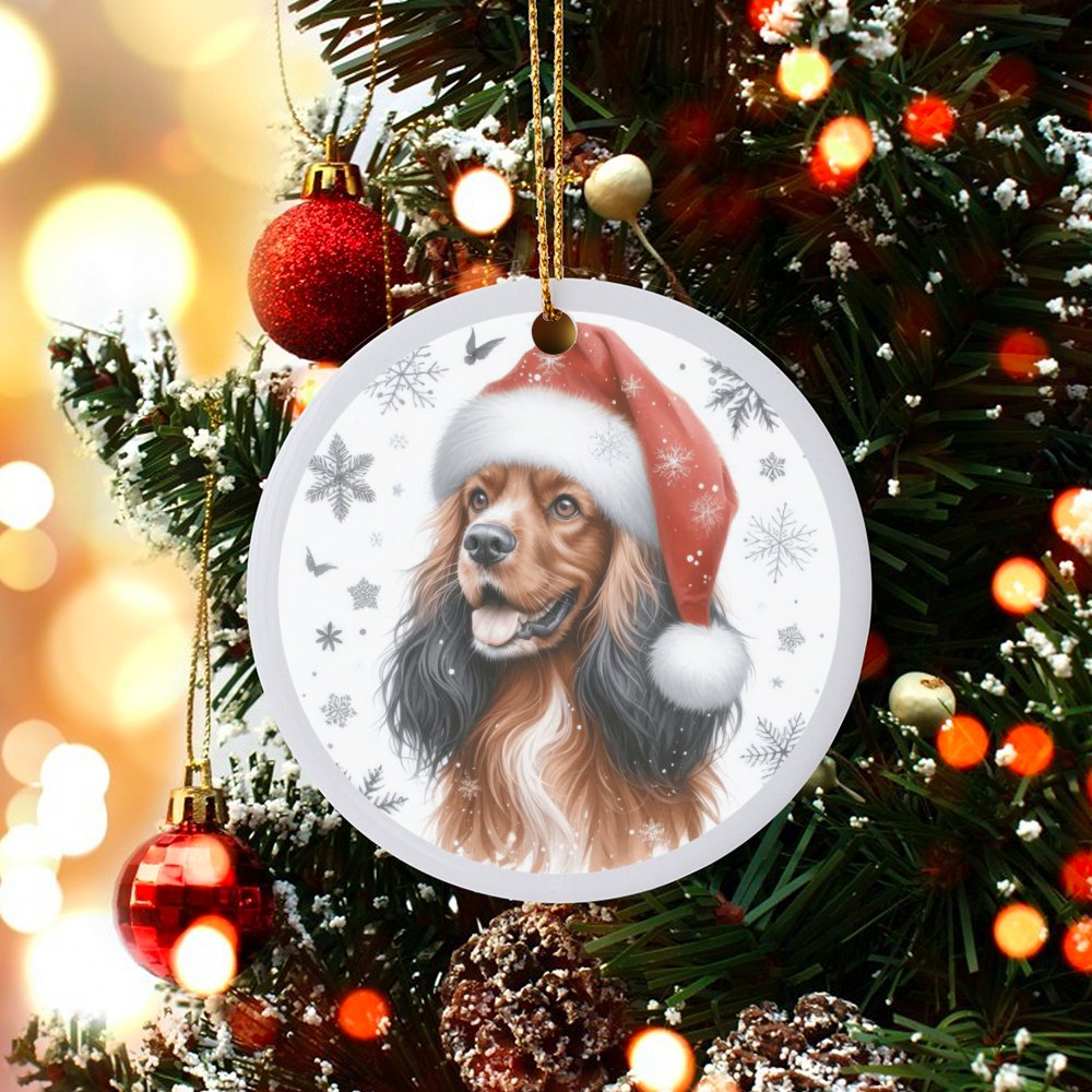 Dog in Santa Hat Ceramic Ornament, Cocker Spaniel Christmas Ornament, Festive Puppy Tree Decoration, Holiday Dog Lover Keepsa