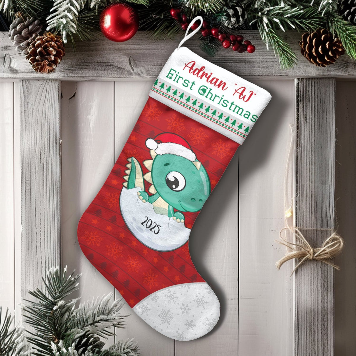 Custom First Christmas Stocking 2025, Baby Dinosaur Christmas Stocking, Kids Holiday Stocking, Adorable Dino Mantel Decor, Pe