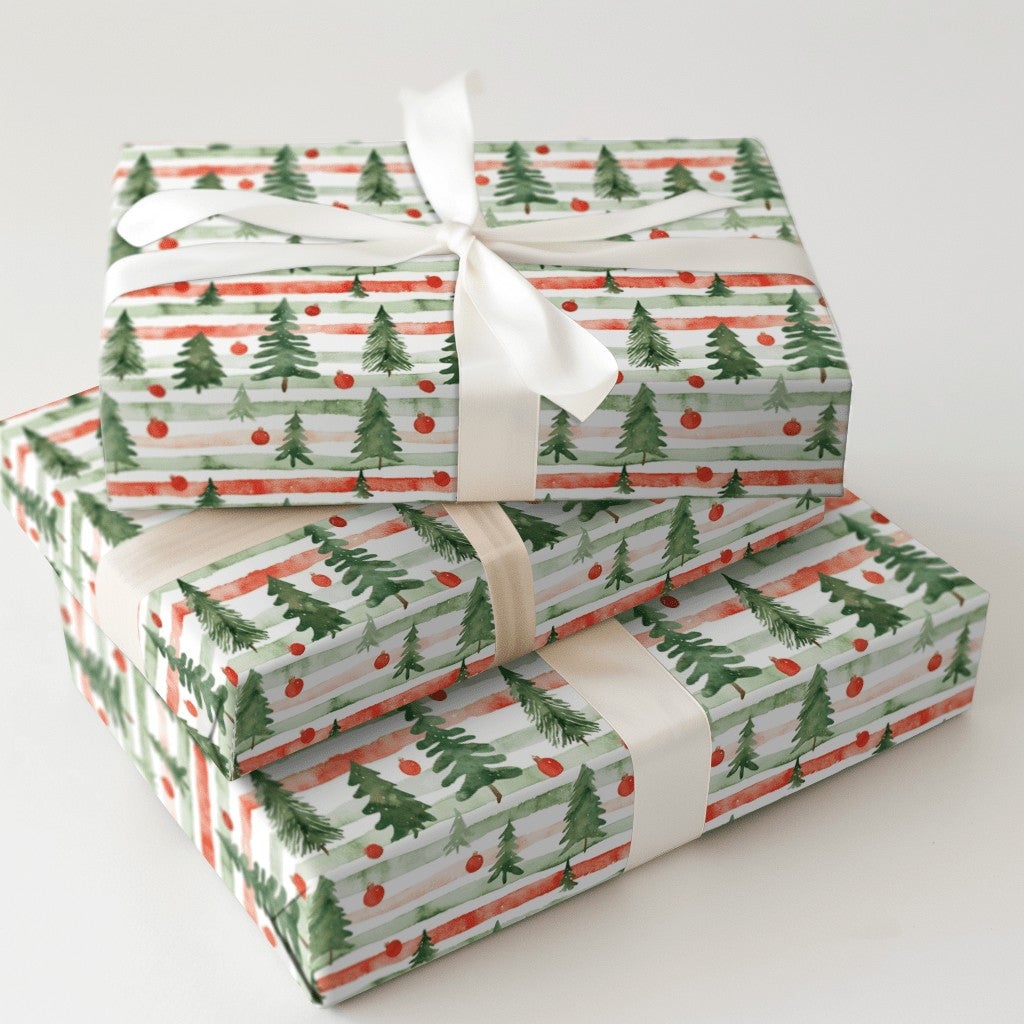 Striped Pine Tree Gift Wrap, Watercolor Christmas Tree Wrapping Paper, Red Green Holiday Wrapping Paper, Festive Winter Prese