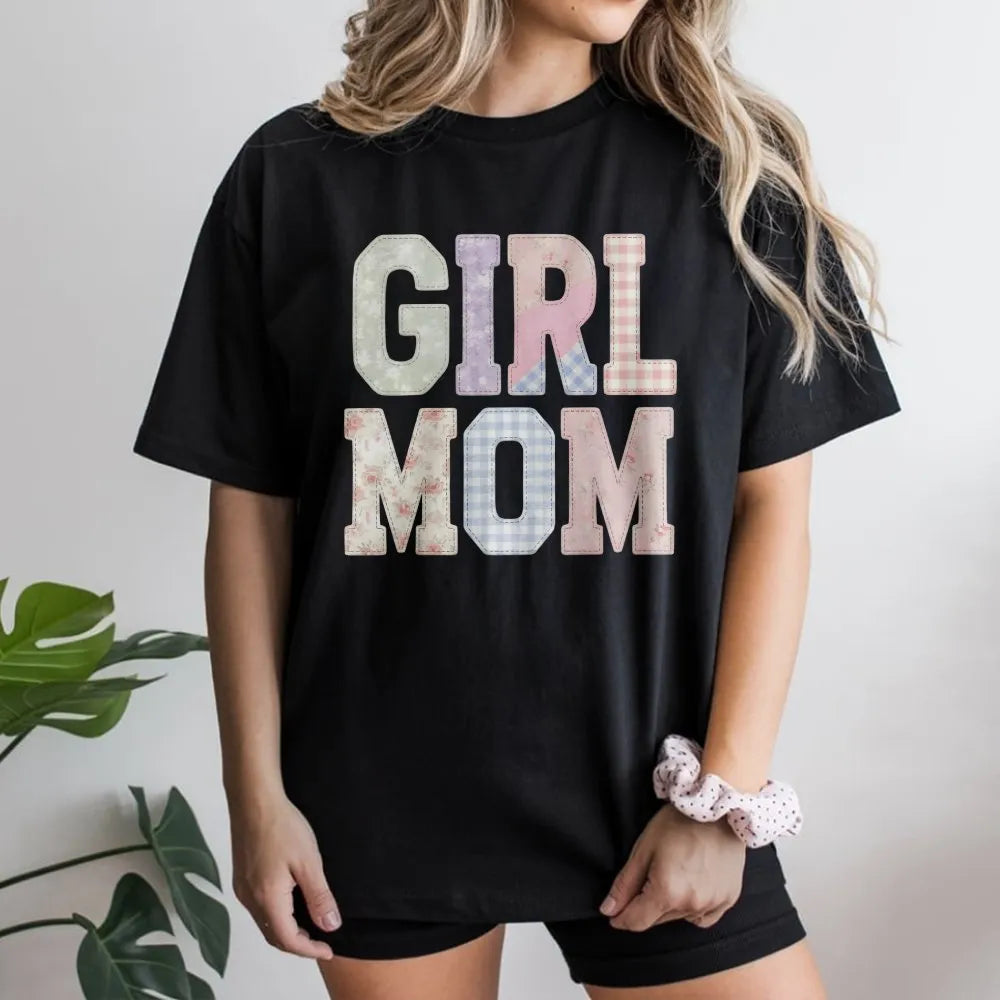 Girl Mom T-Shirt | Aesthetic Faux Patchwork Lettering | Soft Cotton Blend | Mother's Day Gift for New Mama