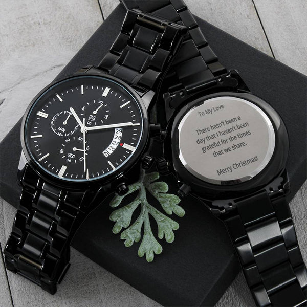 Custom Engraved Black Watch, Personalized Chronograph Watch, Stainless Steel Quartz Wrist Watch, Christmas Present, Anniversa