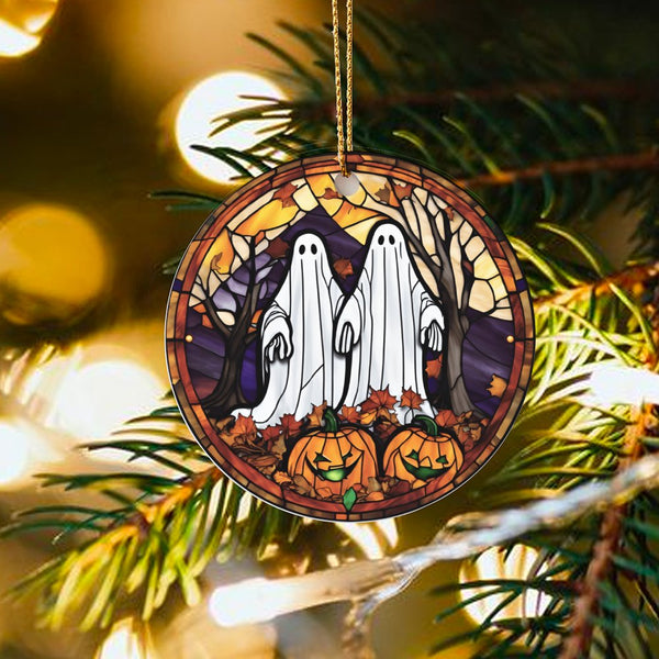 Spooky Pumpkin Holiday Ornament, Stained Glass Ghost Christmas Ornament, Halloween Jack-o-Lantern Ceramic Ornament, Adorable 