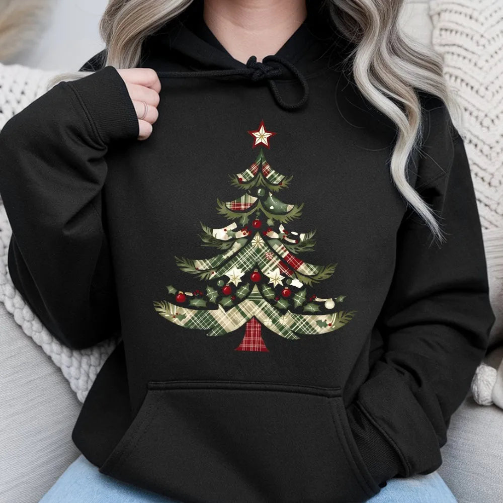 Festive Holiday Graphic Hooded Sweatshirt, Vintage Plaid Christmas Tree Hoodie, Comfy Winter Tree Pullover, Xmas Holiday Seas