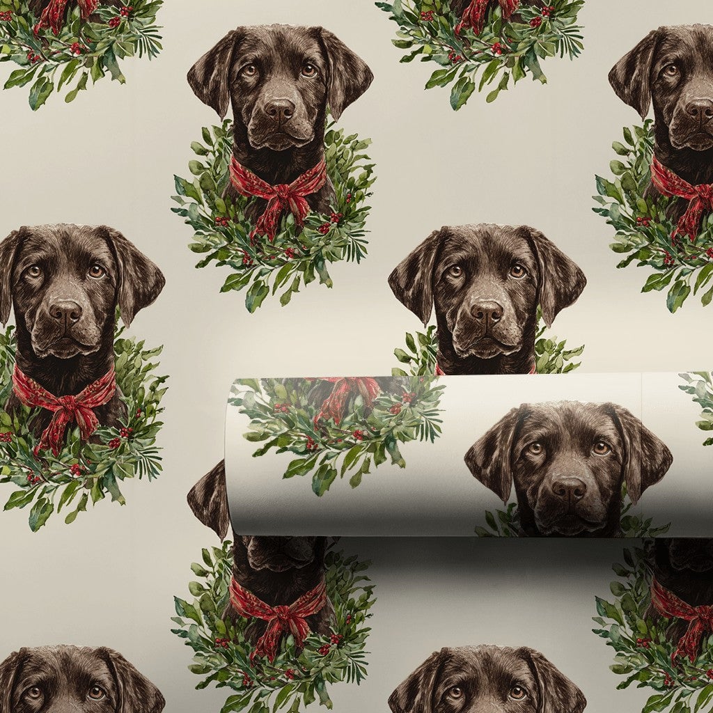 Dog Wreath Holiday Gift Wrap, Chocolate Lab Christmas Wrapping Paper, Labrador Retriever Christmas Wrapping Paper, Pet Lover 
