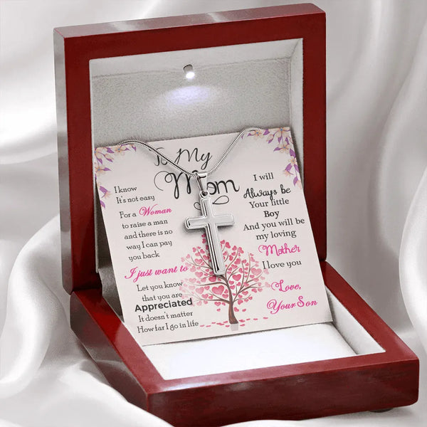 Stainless Steel Cross Necklace, Cross Necklace Present for Mom, Religious Faith Pendant, Mom Christmas Present from Son, Hear