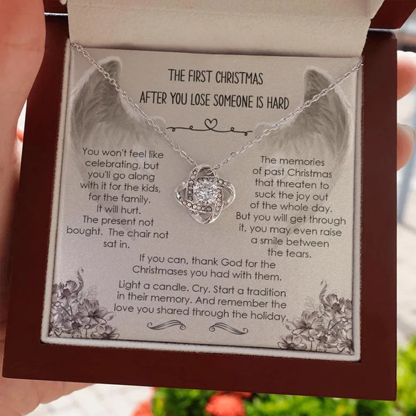 First Christmas Sympathy Necklace, Memorial Love Knot Necklace, 14k White Gold Bereavement Jewelry, Memorial Knot Pendant, Pr