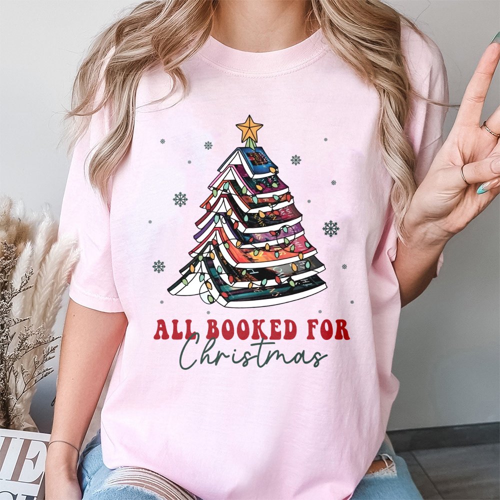 Festive Book Tree Graphic Tee, All Booked for Christmas T-Shirt, Adorable Holiday Reader Shirt, Winter Bookish Present for Bo