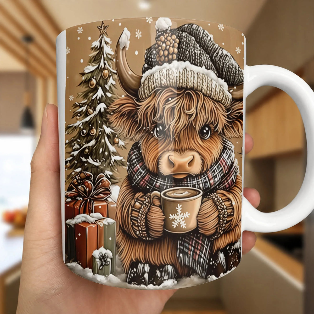 Festive Winter Coffee Mug, Highland Cow Christmas Mug, Highland Cow Holiday Ceramic Mug, Adorable Cow Xmas Coffee Cup, Animal