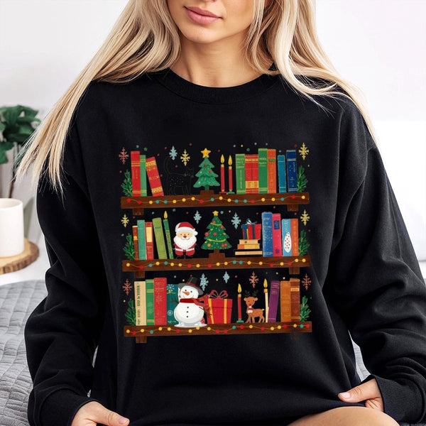 Festive Holiday Library Bookish Sweater, Christmas Bookshelf Sweatshirt, Comfy Winter Book Lover Crewneck, Reading Teacher Xm