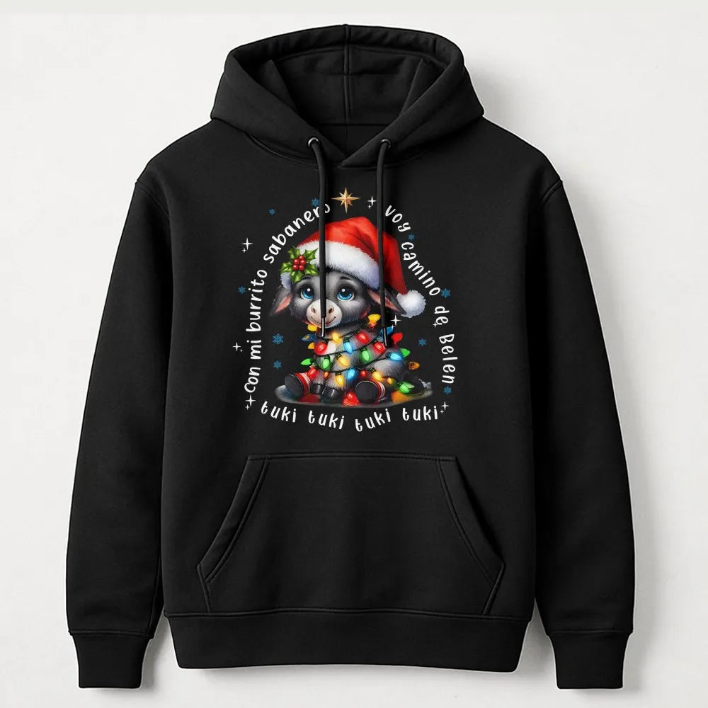 Adorable Donkey Christmas Lights Sweatshirt, Mi Burrito Sabanero Hoodie, Spanish Villancico Holiday Pullover, Festive Latino 