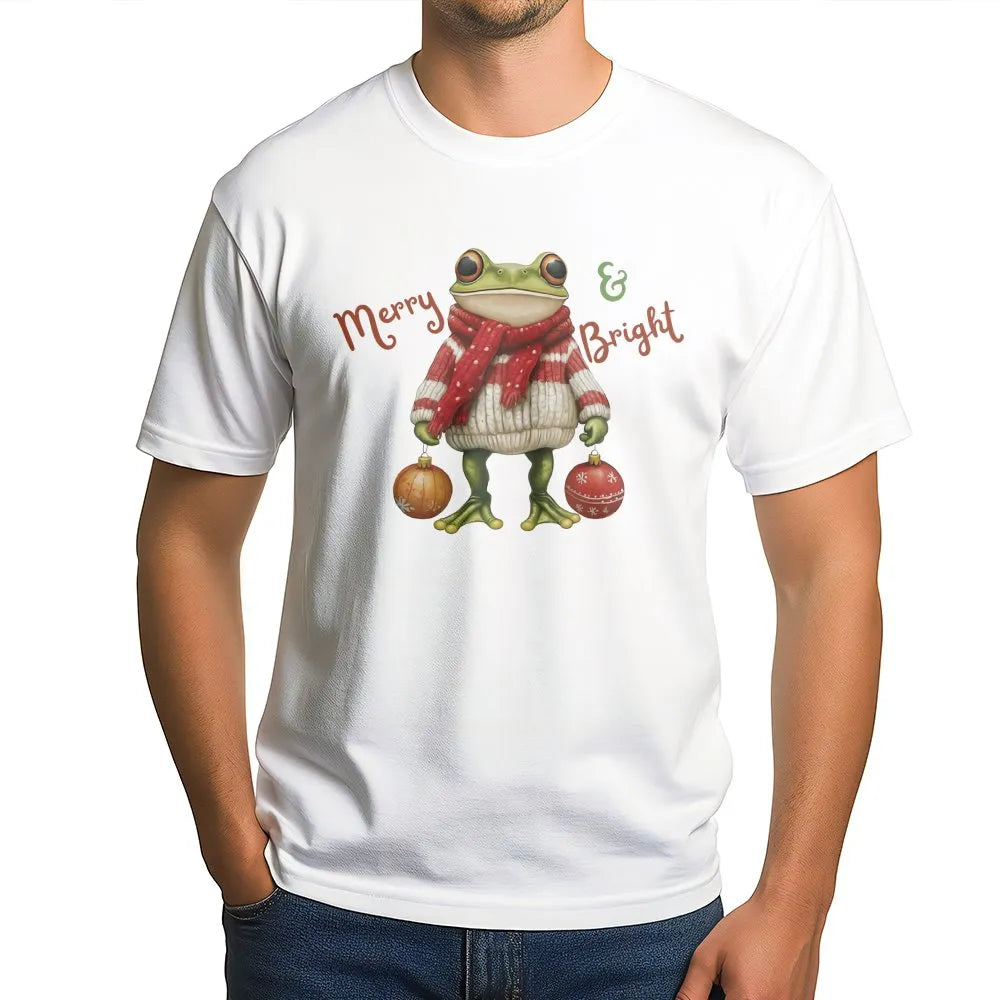Festive Toad Graphic Tee, Merry and Bright Christmas Frog Shirt, Retro Christmas Frog T-Shirt, Adorable Animal Xmas Tee, Holi