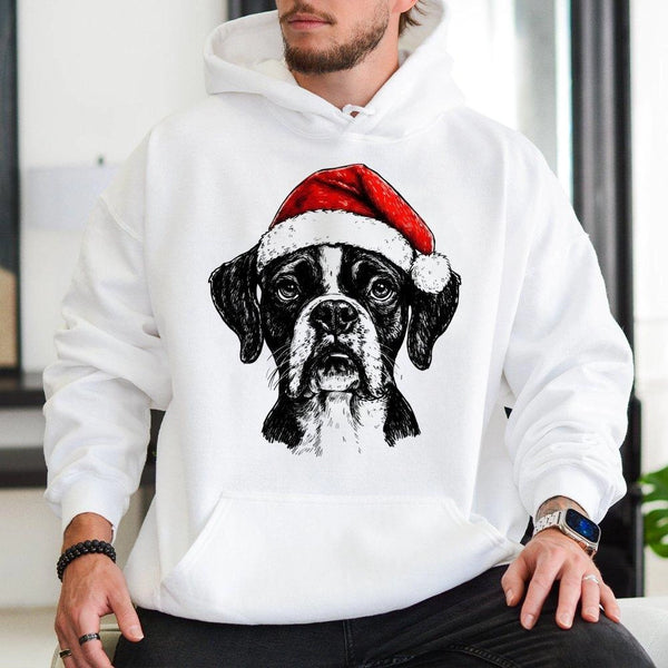 Adorable Santa Hat Dog Hoodie, Boxer Dog Christmas Hoodie, Humorous Pet Holiday Graphic Hoodie, Boxer Mom Pullover Sweatshirt