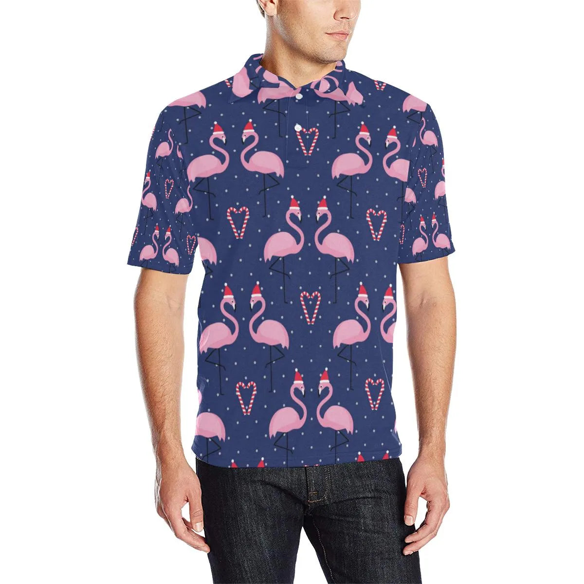 Pink Flamingo Holiday Polo Shirt, Santa Hat Flamingo Christmas Polo Shirt, Tropical Christmas Golf Shirt, Humorous Xmas Mens 