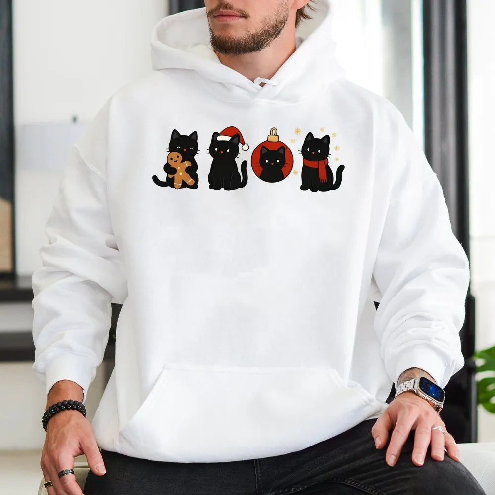 Adorable Holiday Kitten Sweatshirt, Black Cat Christmas Hoodie, Festive Cat Lover Pullover, Spooky Adorable Winter Hooded Swe