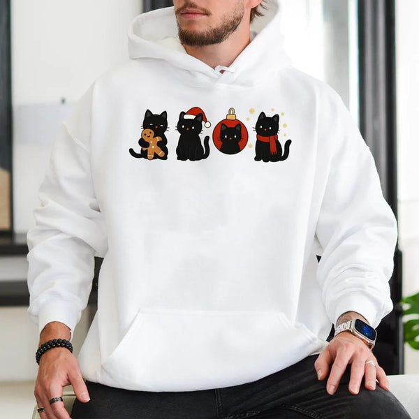 Adorable Holiday Kitten Sweatshirt, Black Cat Christmas Hoodie, Festive Cat Lover Pullover, Spooky Adorable Winter Hooded Swe