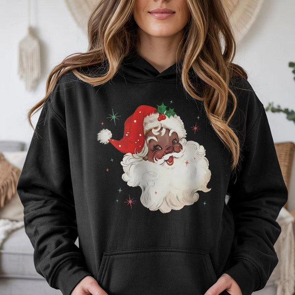 Vintage Black Santa Christmas Hoodie, Black Santa Hoodie, Retro African American Santa Hoodie, Festive Xmas Hooded Sweatshirt