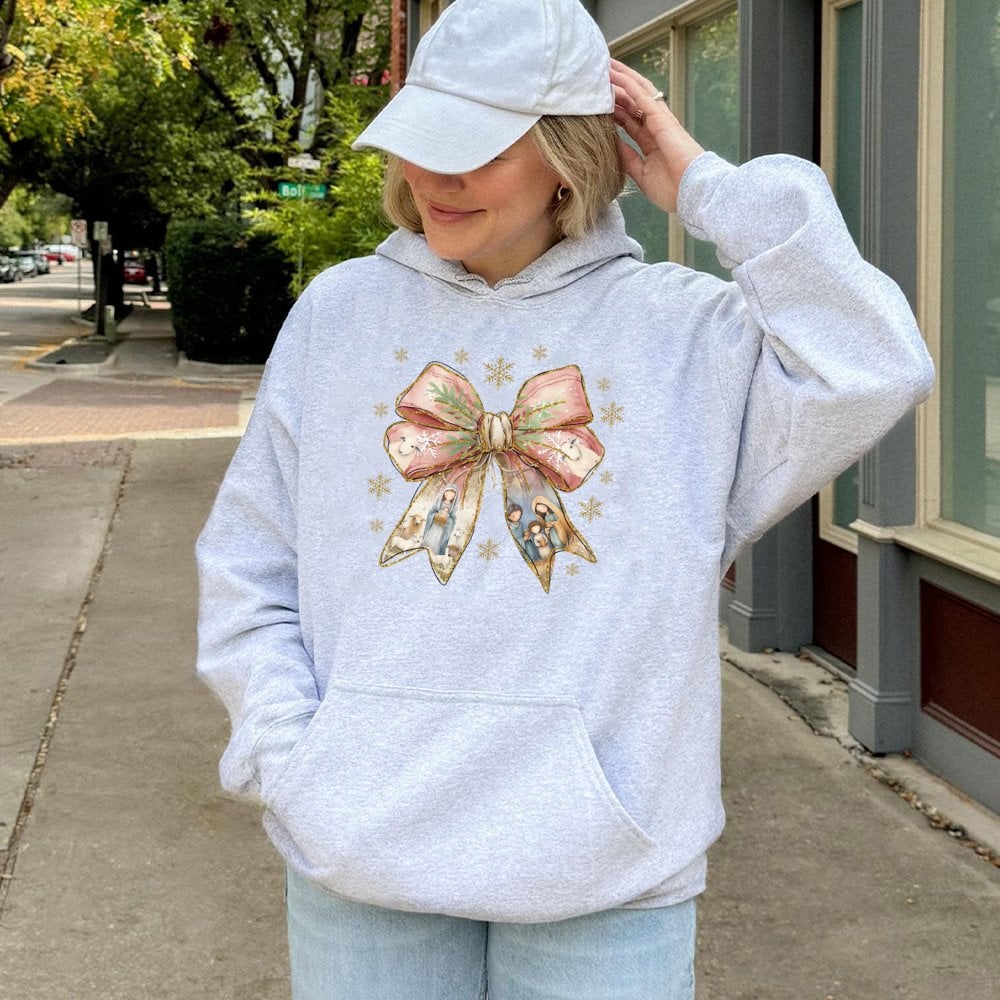 Coquette Bow Christian Holiday Sweatshirt, Nativity Scene Christmas Hoodie, Faith Nativity Hooded Pullover, Jesus Xmas Presen