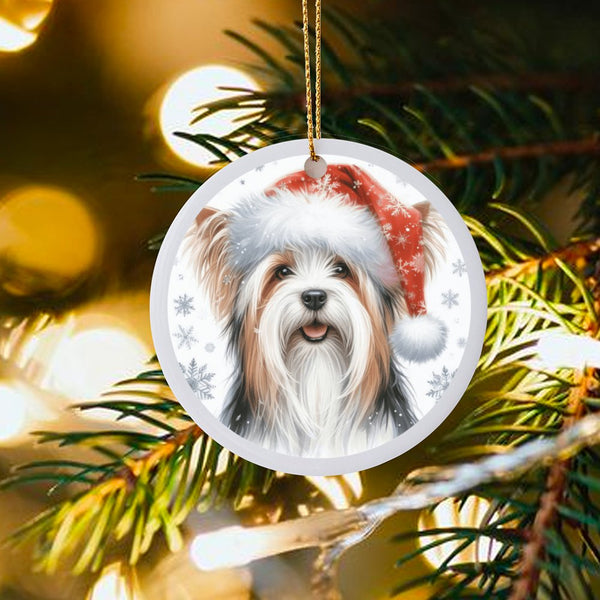 Santa Hat Dog Ceramic Ornament, Biewer Terrier Christmas Ornament, Adorable Puppy Holiday Ornament, Xmas Tree Dog Decor, Dog 
