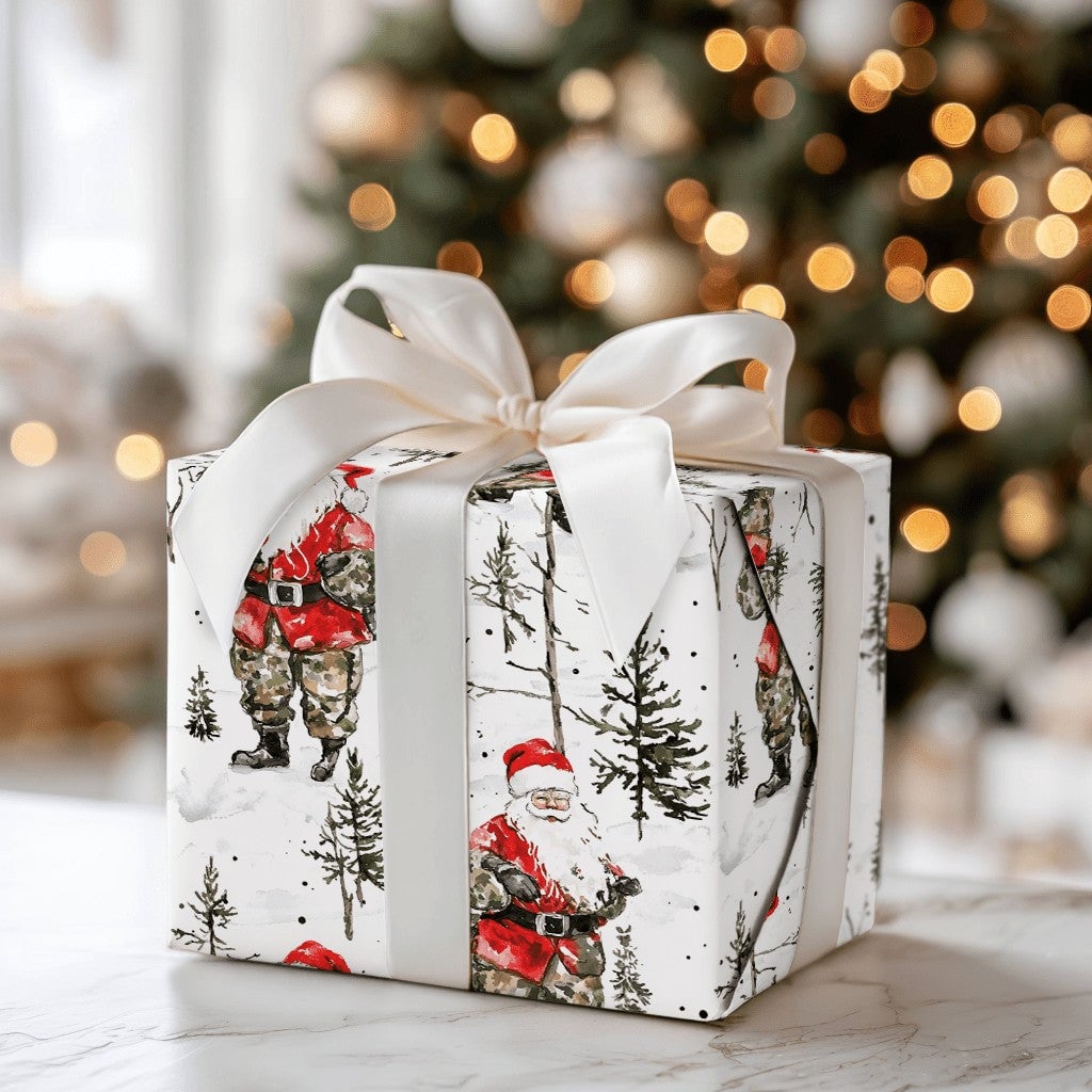Tactical Santa Claus Gift Wrap, Camo Santa Christmas Wrapping Paper, Military Camouflage Holiday Wrapping Paper