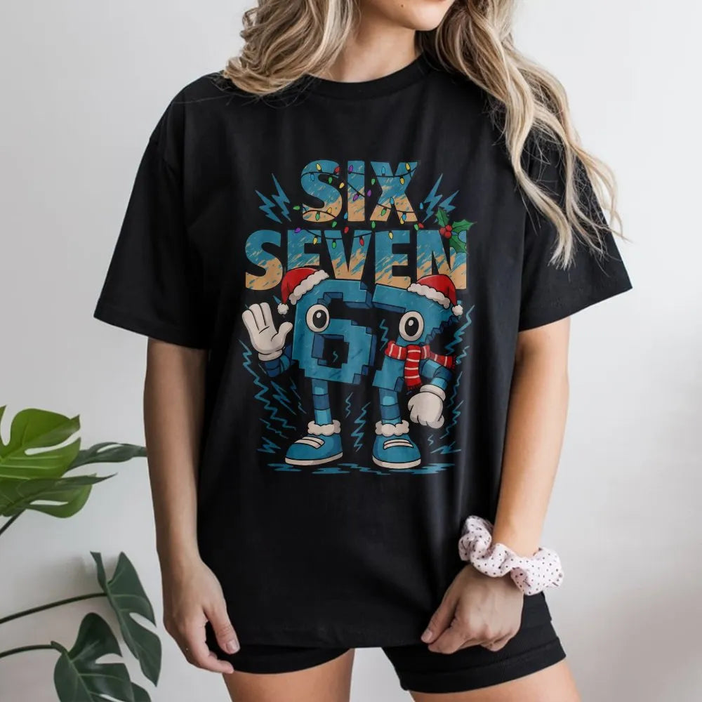 Humorous Gaming Character Holiday T-Shirt, Number 67 Christmas T-Shirt, Retro Gamer Meme Graphic T-Shirt, Xmas Video Game Tee