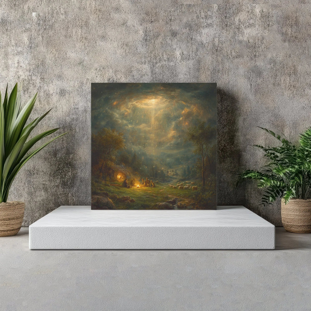 Bethlehem Divine Light Biblical Wall Art, Shepherds Nativity Square Canvas, Christian Christmas Canvas Print, Stretched Relig