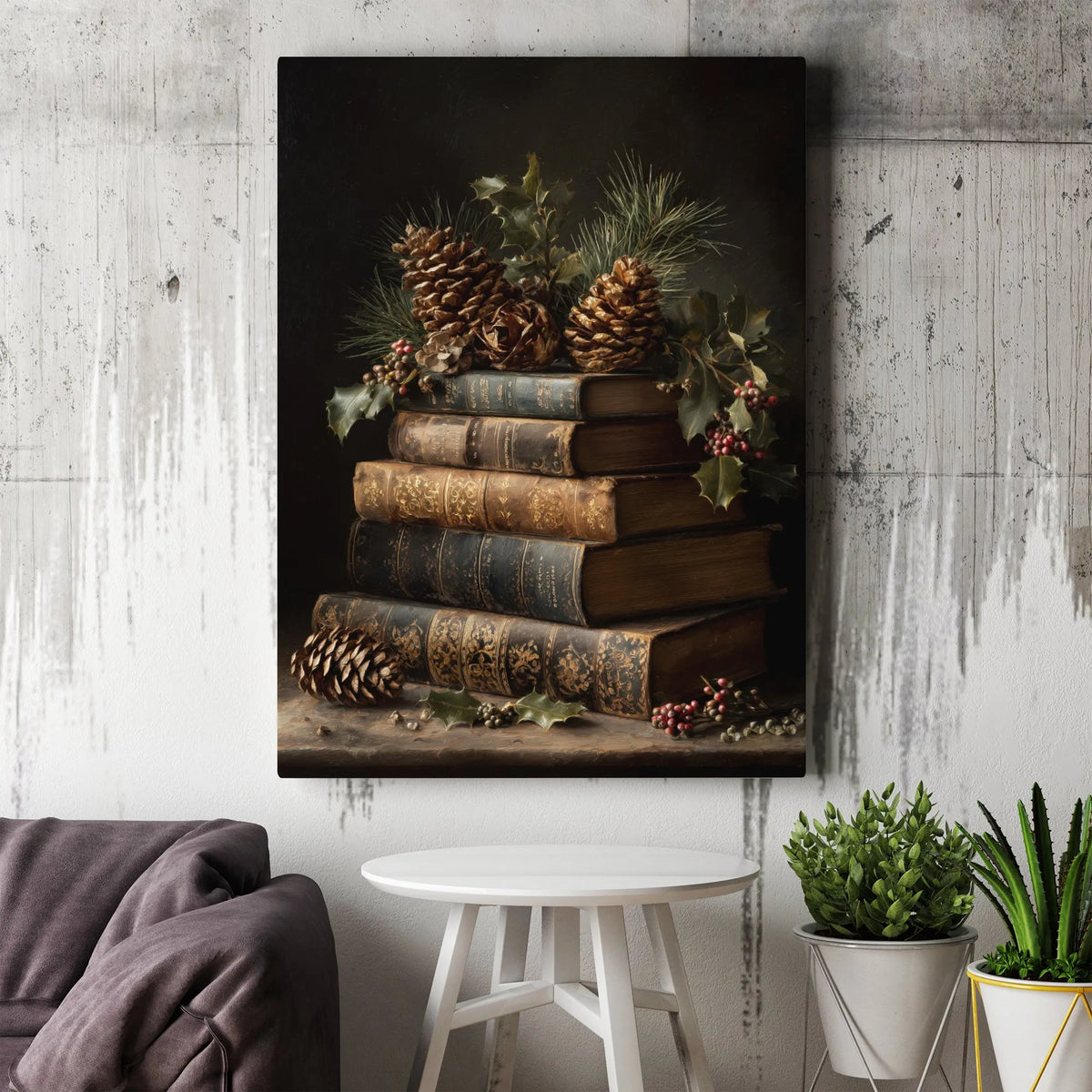 Christmas Holly Canvas Print, Vintage Book Stack Canvas Wall Art, Holiday Still Life Wall Decor, Comfy Winter Bookish Home De