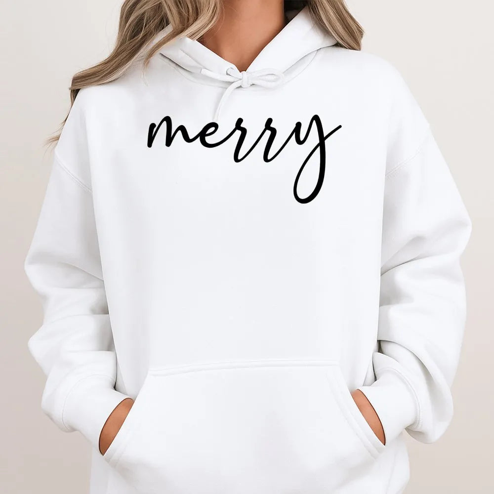 Minimalist Script Holiday Sweatshirt, Merry Christmas Hoodie, Comfy Xmas Winter Pullover Hoodie, Aesthetic Christmas Season H