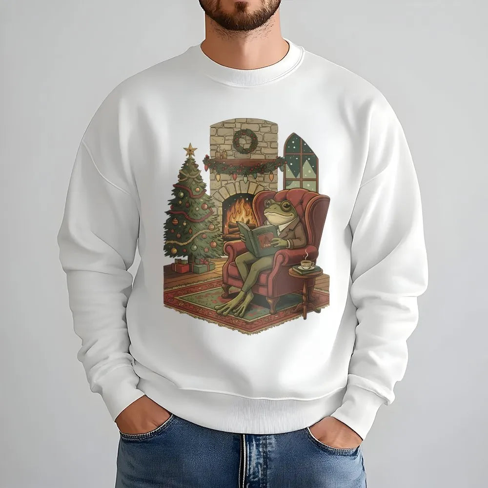 Comfy Cabin Bookish Crewneck, Reading Frog Christmas Sweatshirt, Adorable Frog Book Lover Pullover, Holiday Reader Sweatshirt