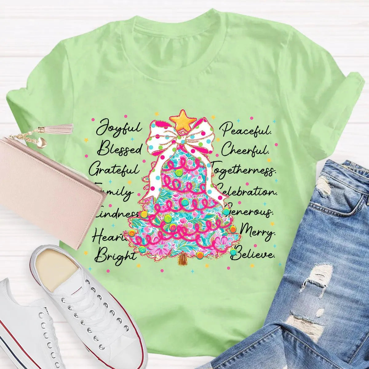 Aesthetic Holiday Graphic Tee, Joyful Peaceful Cheerful Christmas Tree T-Shirt, Retro Xmas Tree Shirt, Festive Winter Holiday