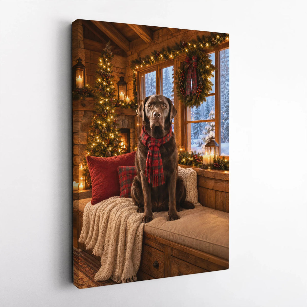 Plaid Scarf Labrador Holiday Wall Art, Christmas Chocolate Lab Canvas, Comfy Cabin Dog Christmas Print, Rustic Labrador Canva