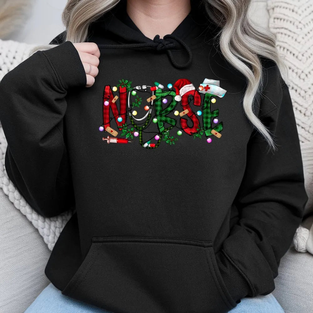 Plaid Festive Medical Hoodie, Christmas Nurse Hoodie, Nursing Student Holiday Hooded Sweatshirt, Adorable Xmas Nurse Hoodie, 