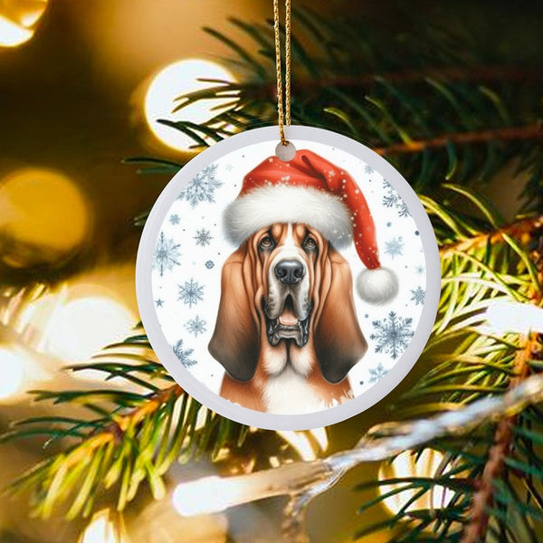 Santa Hat Dog Ceramic Ornament, Basset Hound Christmas Ornament, Adorable Puppy Holiday Ornament, Xmas Tree Pet Decor, Dog Lo