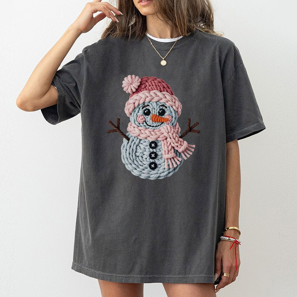 Adorable Winter Snowman T-Shirt, Knitted Snowman Christmas Shirt, Faux Knit Holiday Graphic Tee, Comfy Xmas Present Shirt for
