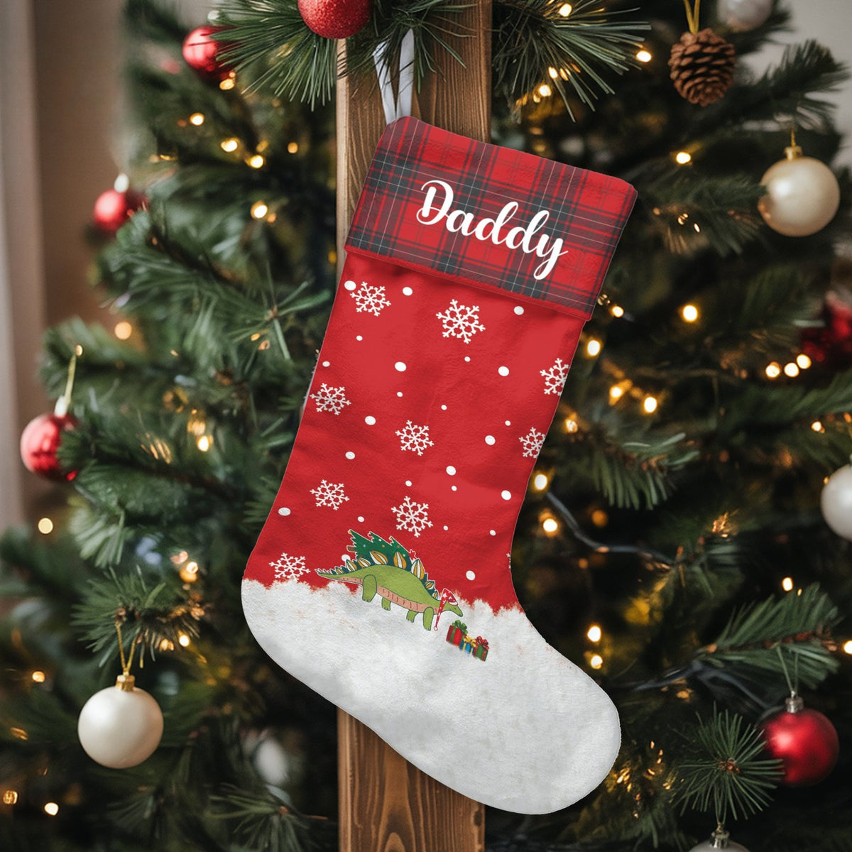 Personalized Red Plaid Stocking, Dinosaur Christmas Stocking, Adorable Dino Holiday Stocking, Custom Kids Christmas Stocking,