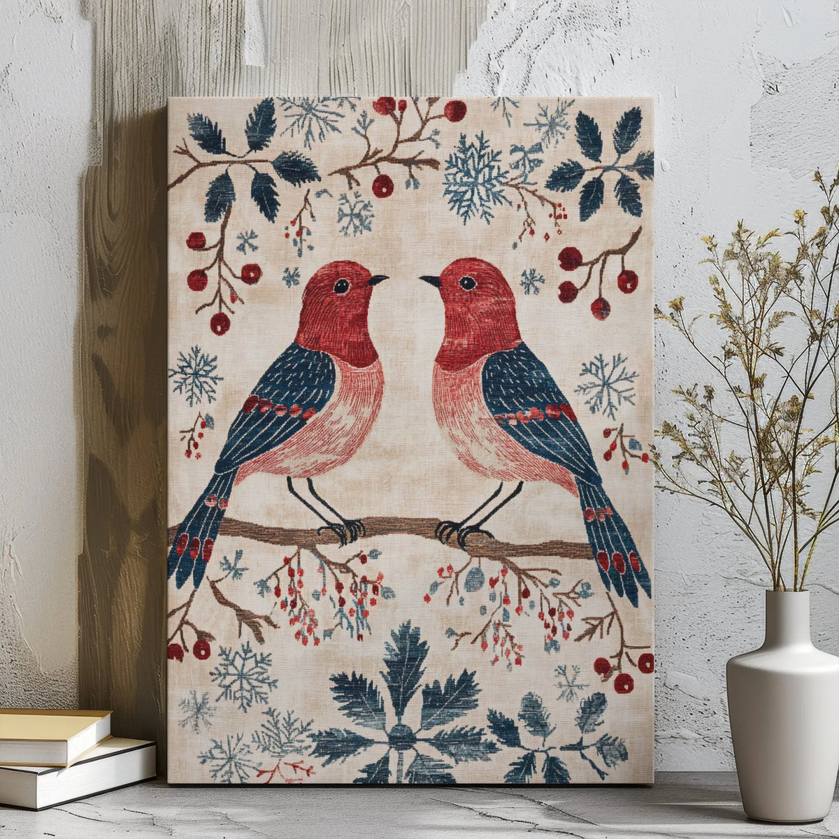 Winter Birds Wall Art, Winter Birds Folk Art Canvas Print, Winter Birds Holiday Poster, Christmas Canvas Print, Digital Downl