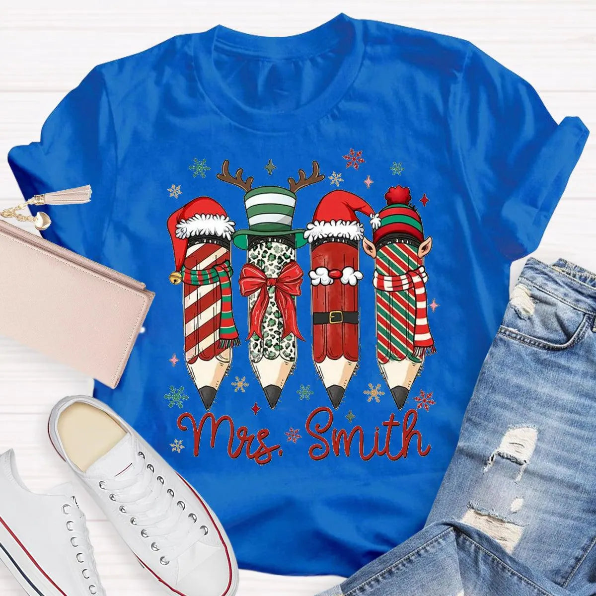 Adorable Pencil Holiday T-Shirt, Personalized Teacher Christmas Shirt, Custom Teacher Tee, Festive School Graphic Shirt, Holi