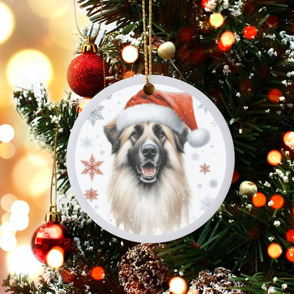 Santa Hat Leonberger Ceramic Ornament, Leonberger Dog Christmas Ornament, Snowflake Dog Holiday Ornament, Pet Lover Keepsake 